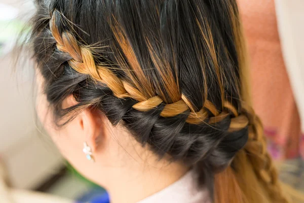 Lange vlecht creatieve bruin haarstijl in salon schoonheid — Stockfoto