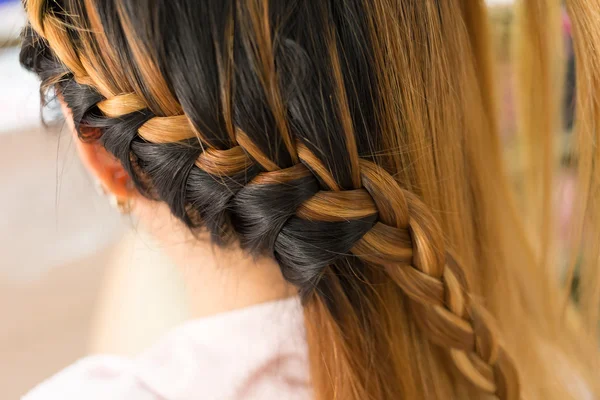 Lange Flechtfrisur kreative braune Frisur im Salon Schönheit — Stockfoto