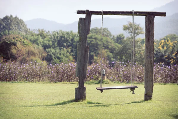 Playground swing made wood hanging in green grass field — Stock Photo, Image