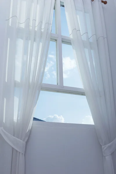 White curtain on the window with blue sky — Stock Photo, Image