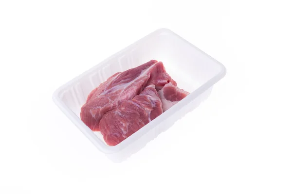 Raw pork in plastic box package isolated on white background — Stock Photo, Image