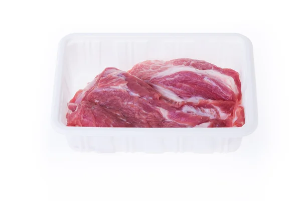 Raw pork in plastic box package isolated on white background — Stock Photo, Image