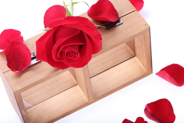 Prateleira de madeira decorada com flores vermelhas rosa isoladas no bac branco — Fotografia de Stock