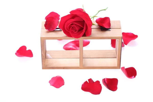 Wood shelf decorated with red rose flowers isolated — Stock Photo, Image