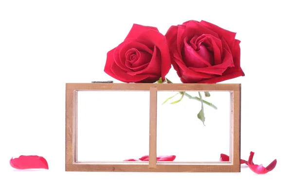 Estante de madera decorado con flores de rosas rojas aisladas — Foto de Stock