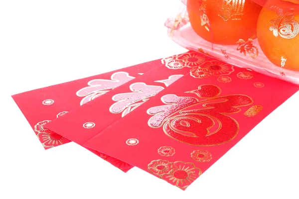 Red envelope and orange fruit of chinese new year decoration — Stock Photo, Image