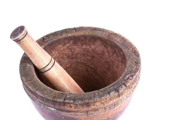 Wooden mortar and pestle isolated on white background — Stock Photo, Image