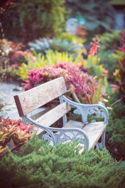 Vieux banc vintage dans jardin de fleurs — Photo