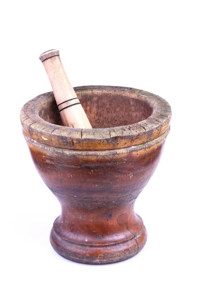 Wooden mortar and pestle isolated on white background — Stock Photo, Image