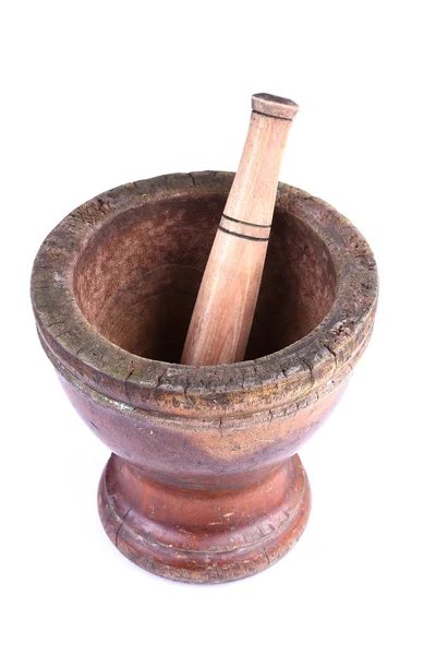 Wooden mortar and pestle isolated on white background — Stock Photo, Image