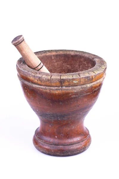 Wooden mortar and pestle isolated on white background — Stock Photo, Image