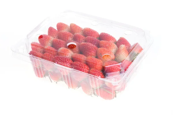 Red ripe strawberry in plastic box of packaging — Stock Photo, Image