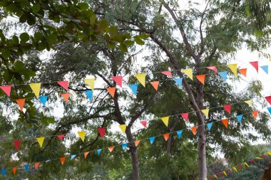 renkli üçgen bayrakları dekore edilmiş açık parti kutlamak