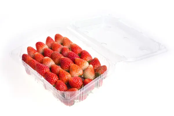 Red ripe strawberry in plastic box of packaging, isolated — Stock Photo, Image