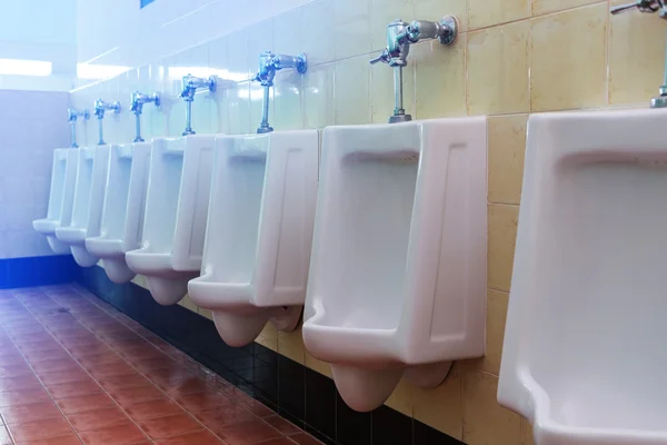 Reihe weiße Pissoirs in Herren-Toilette — Stockfoto