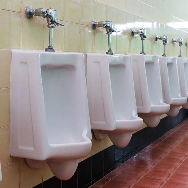 Row white urinals in men's bathroom toilet — Stock Photo, Image