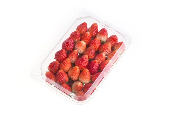 Red ripe strawberry in plastic box of packaging, isolated — Stock Photo, Image