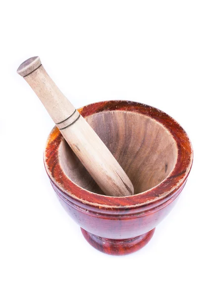 Wooden mortar and pestle isolated on white background — Stock Photo, Image