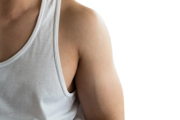 Parte del cuerpo del hombre joven gran brazo muscular usar chaleco blanco —  Fotos de Stock