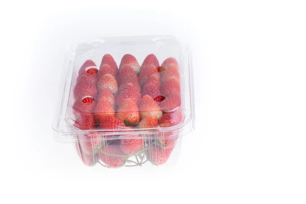 Red ripe strawberry in plastic box of packaging, isolated — Stock Photo, Image