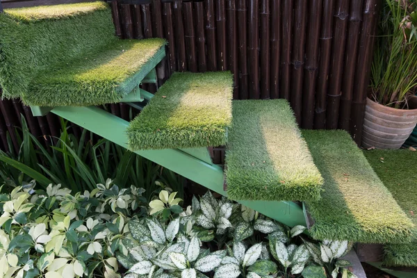 Green grass staircase in garden, interior decoration home garden — Stock Photo, Image