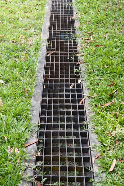 Iron grate of water drain in grass garden field — Stock Photo, Image