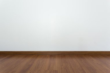 kahverengi ahşap Laminat zemin ve beyaz harç duvar boş oda 