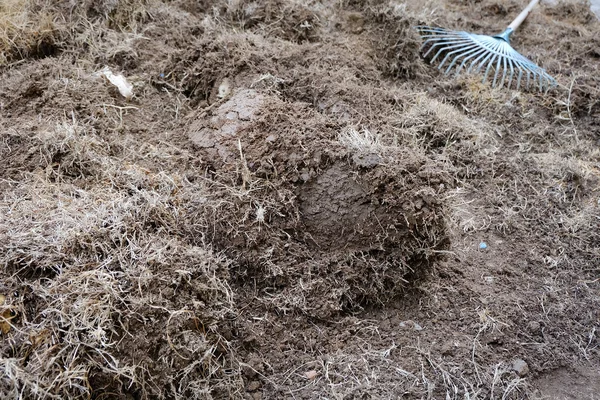 Werk, voorbereiding bodem in tuin met droog gras in de tuin — Stockfoto