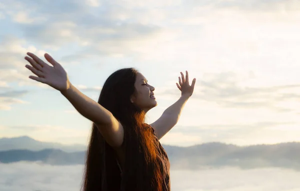 Worship God Concept Happy Girl Raised Hand Blurred Mountain Sunrise — Stock Photo, Image