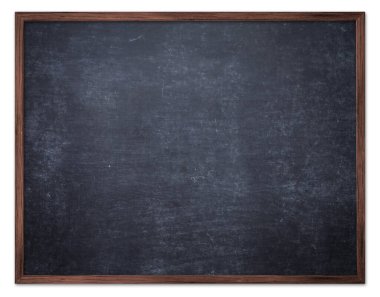 Beyaz arka planda izole edilmiş duvarda boş kara tahta asılı.
