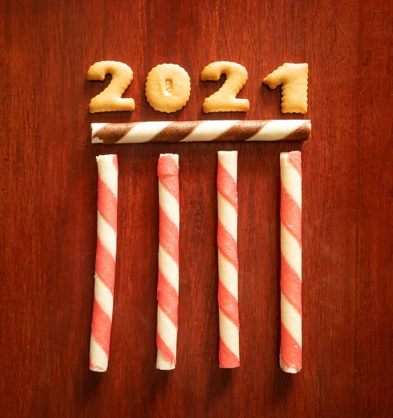 2021 Texto Cookies Com Doces Fundo Mesa Madeira — Fotografia de Stock