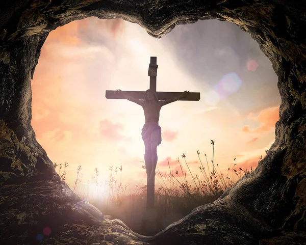 Resurrection Easter Sunday Concept Heart Shape Cave Jesus Christ Cross — Stock Photo, Image