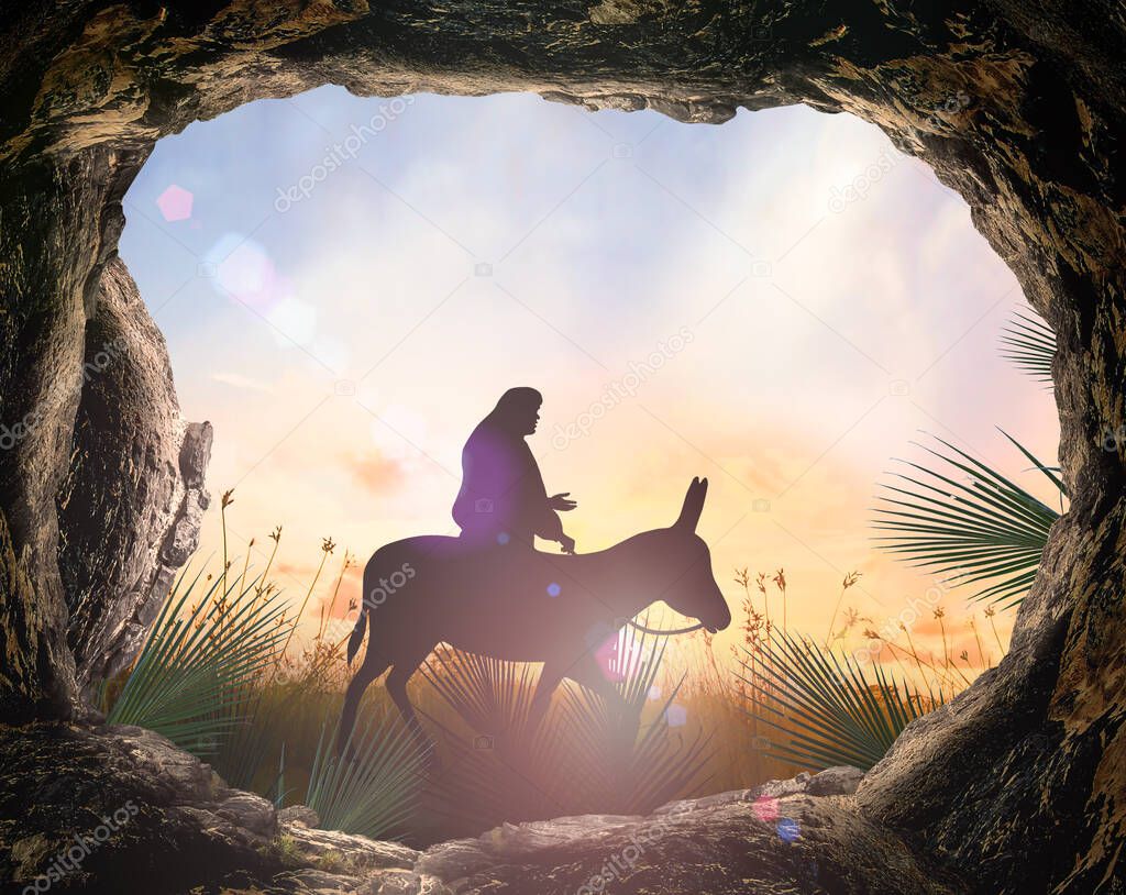 Palm Sunday concept: Silhouette Jesus Christ riding donkey with tomb stone on meadow sunset background