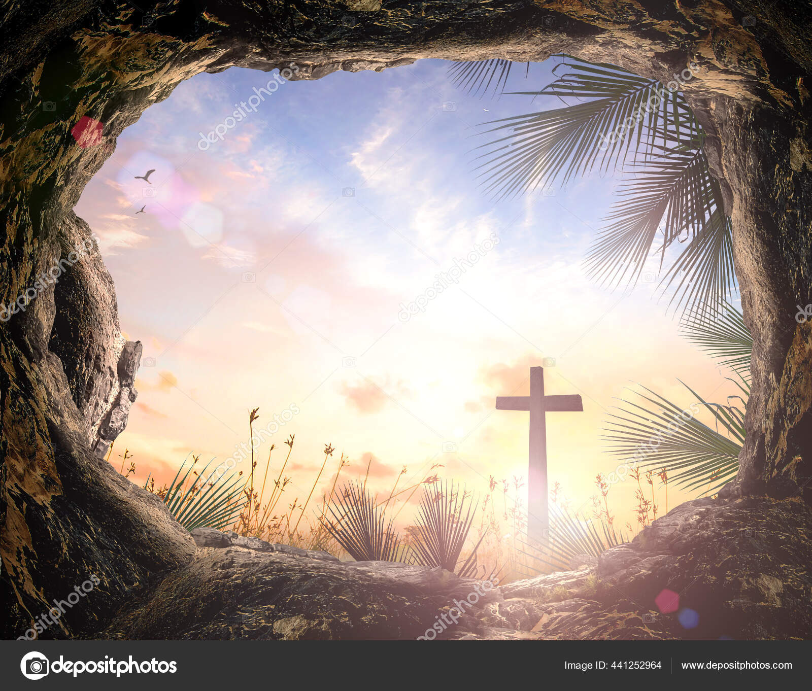 Palm Sunday Concept Silhouette Cross Empty Tombstone Palm Leaves Meadow