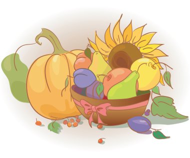 Meyve kabak ve ayçiçeği. Elma armut şeftali ve Erik hasat. Sonbahar natürmort