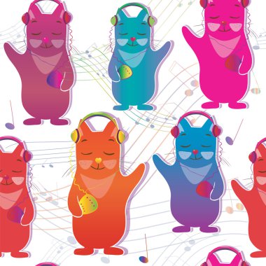 kedi ile Seamless Modeli müzik dinlemek. Komik hayvanlar ile oyuncu ve kulaklık dokusuna