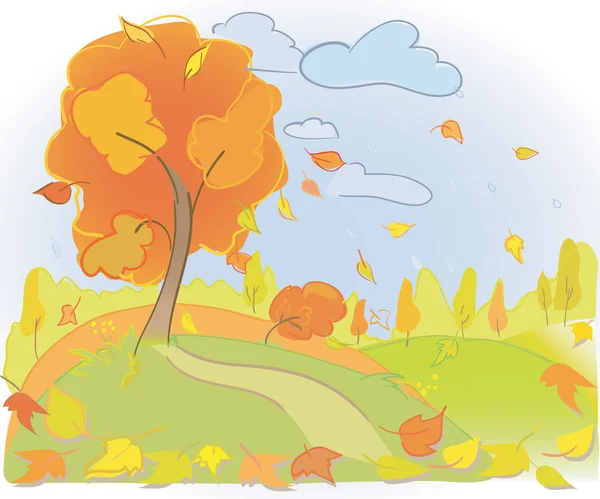 Autumn tree and sky. Landscape.  Rain and yellow leaves. Meadow and forest — Stock Vector