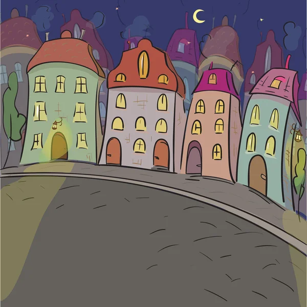 Eski gece şehir Illustration. Küçük kasaba taslağını