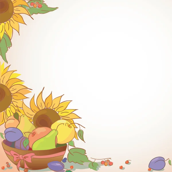 Fondo con fruta y flor. Ilustración de ciruela manzana pera y girasol — Archivo Imágenes Vectoriales