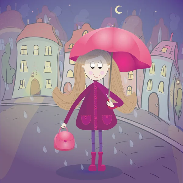 Chica bajo la lluvia con impermeable paraguas y botas de goma. Paisaje urbano nocturno sobre fondo — Vector de stock