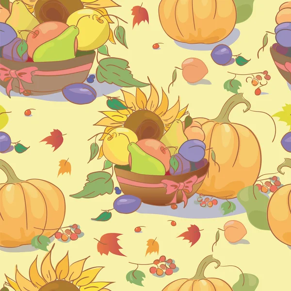 Seamless pattern fruit pumpkin sunflower berry leaves. Illustration of autumn harvest — Stock Vector