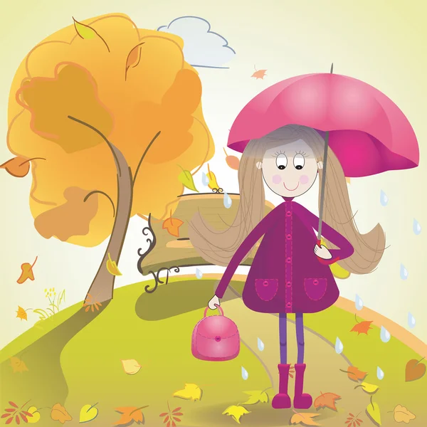 Chica con paraguas botas impermeable y lluvia en el paisaje de otoño. Ilustración vectorial — Vector de stock