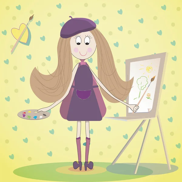 Menina pintor com escova e paleta. Pode ser usado como cartão ou símbolo para estúdio de arte. Desenhos animados ilustração . — Vetor de Stock