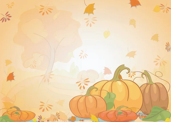 Fond avec feuilles de citrouille et paysage d'automne. Peut être utilisé comme carte pour Halloween avec place pour le texte — Image vectorielle