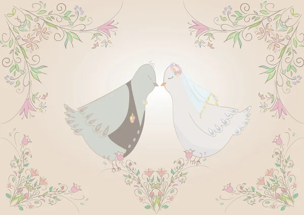 Ilustración de la boda de dos palomas. Se puede utilizar como plantilla para tarjeta o invitación — Vector de stock