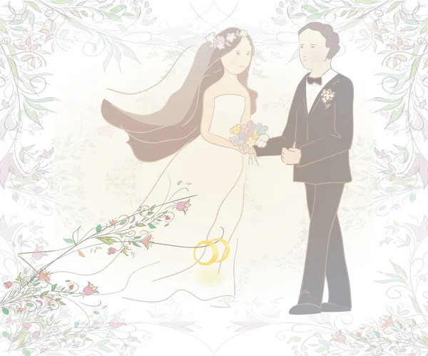 Bruiloft illustratie van bruid en bruidegom met ringen. Kan worden gebruikt als kaart of uitnodiging — Stockvector