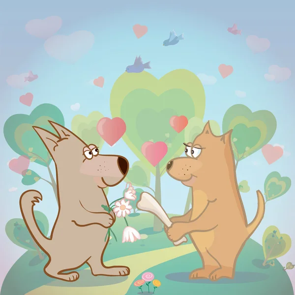 Des chiens et des cœurs mignons. Illustration sur le véritable amour avec une paire d'animaux drôles. Peut être utilisé comme carte — Image vectorielle