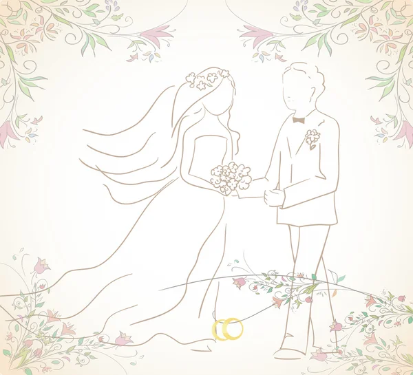 Illustrazione nuziale di sposo e sposa con anelli. Può essere usato come biglietto o invito — Vettoriale Stock