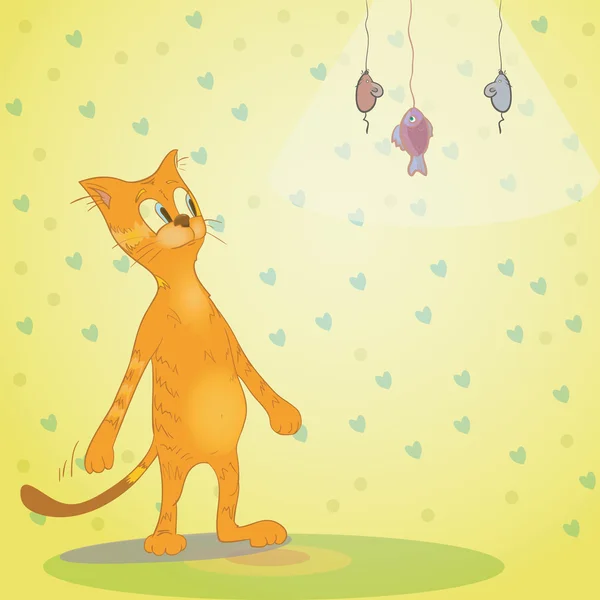 Kat met muis en vis. Komische illustratie met plaats voor tekst kan worden gebruikt als kaart — Stockvector