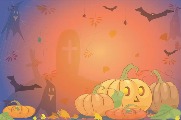 Halloween fundal petrecere cu dovleac liliac fantomă mormânt și păianjen — Vector de stoc